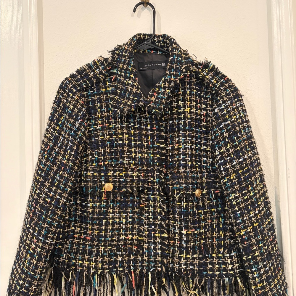 Zara Women Black Tweed Blazer with Multicolor Threads